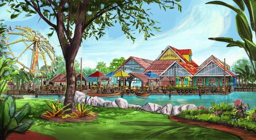 A vibrant waterfront scene featuring colorful buildings, a ferris wheel, and lush greenery by the water's edge.