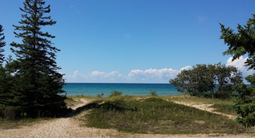 A sandy path leads to a tranquil beach with clear blue water and a bright sky, framed by trees on either side.