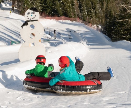 Two children slide down a snowy hill on inner tubes, with a snowman in the background. Pine trees surround the area.