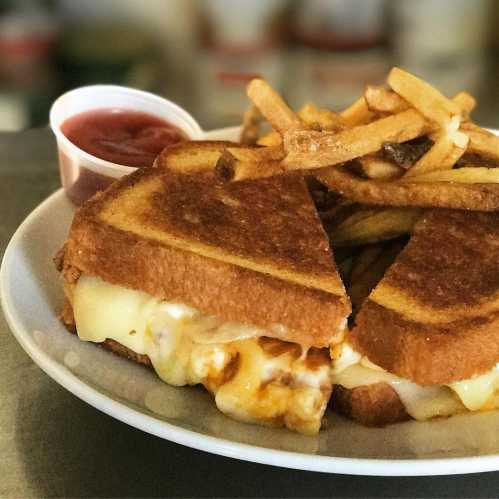 A plate with a grilled cheese sandwich, golden fries, and a small cup of ketchup.