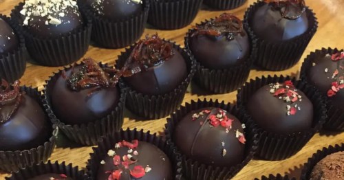 Rows of assorted truffles from Old Port Candy Co. in Portland, Maine.