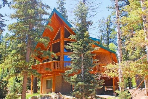 A wooden A-frame cabin surrounded by tall pine trees in a sunny forest setting.