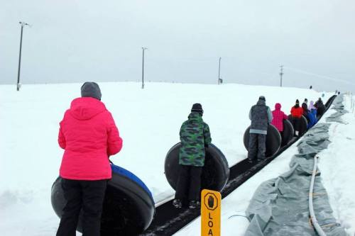 A line of people in winter clothing pulling inflatable tubes up a snowy slope on a cloudy day.