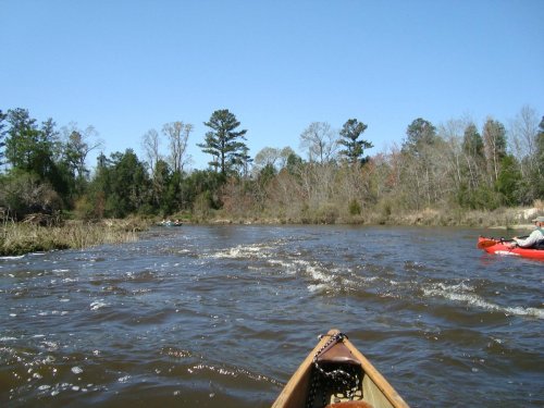 A view from a kayak on a river, surrounded by trees and a clear blue sky. Another kayak is visible in the distance.