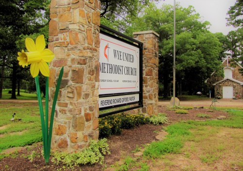 Sign for We United Methodist Church with a large yellow daffodil in front, surrounded by greenery and flowers.