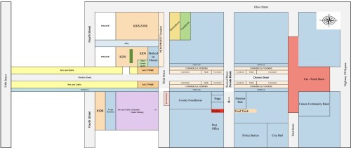 Map of a community event layout, showing zones for kids, food trucks, and various buildings like the courthouse and city hall.