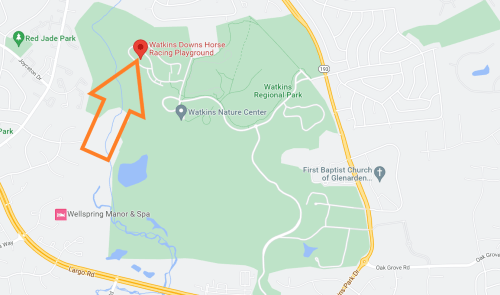 Map showing Watkins Downs Horse Racing Playground within Watkins Regional Park, marked with an orange outline.