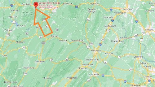 Map highlighting the location of Savage River Lodge in Maryland, near Savage River State Forest.