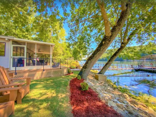 A serene lakeside view featuring a cozy cabin, lush greenery, and a wooden dock under a clear blue sky.