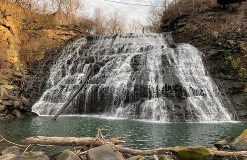 A serene waterfall cascading over rocky cliffs into a calm pool, surrounded by trees and bare branches.