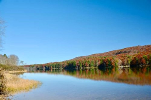 A serene lake surrounded by autumn foliage and clear blue skies, reflecting the vibrant colors of the trees.