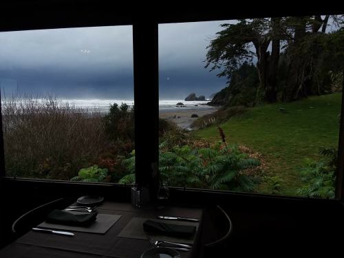 A view from a restaurant window overlooking a cloudy beach and rocky coastline, with greenery in the foreground.
