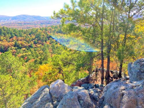 A scenic view from a rocky outcrop, showcasing vibrant autumn foliage and distant mountains under a clear blue sky.