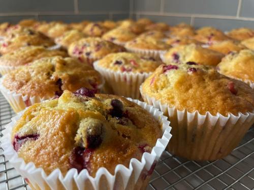 Freshly baked muffins with a golden-brown top, arranged neatly on a cooling rack.