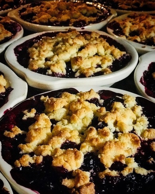 Baked fruit pies with golden crumb topping, arranged in white dishes, showcasing a rich berry filling.