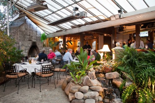 A cozy restaurant interior with tables, plants, and a stone fireplace, featuring diners enjoying their meals.
