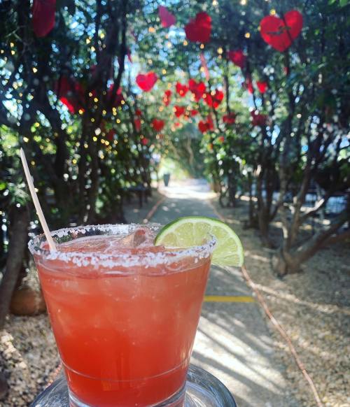A refreshing cocktail with a lime slice sits in the foreground, surrounded by a romantic garden path adorned with heart decorations.