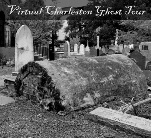 Black and white image of a graveyard with a large tombstone, featuring text for a Virtual Charleston Ghost Tour.