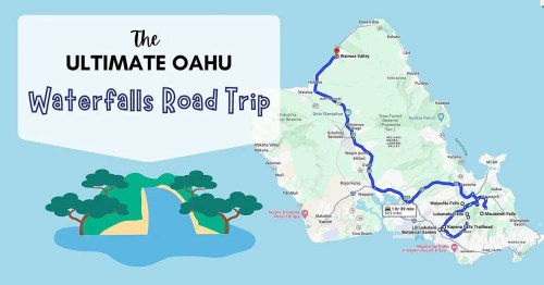 Map of Oahu highlighting a waterfalls road trip route, featuring key locations and scenic spots.