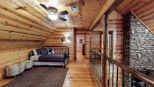 Cozy attic bedroom with wooden walls, a bed, and a stone fireplace, featuring a rustic decor and warm lighting.