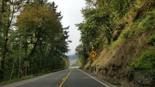 A winding road surrounded by trees and hills, with a caution sign indicating a curve ahead.