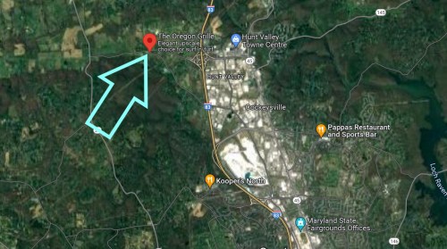 Map showing The Oregon Grille location near Hunt Valley, Maryland, with an arrow pointing to it.