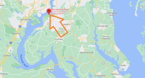 Map highlighting Piscataway Park with scenic boardwalks and nature trails, located near La Plata, Maryland.