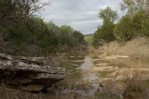 A serene landscape featuring a calm stream surrounded by trees and rocky outcrops under a cloudy sky.