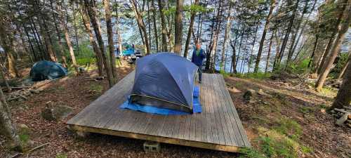 A person stands near a blue tent on a wooden platform in a forested area by a lake.