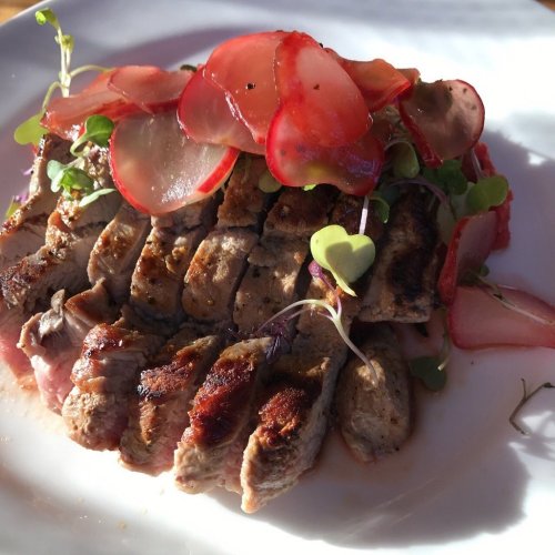 A plate of sliced grilled steak topped with radishes and microgreens, garnished with fresh herbs.