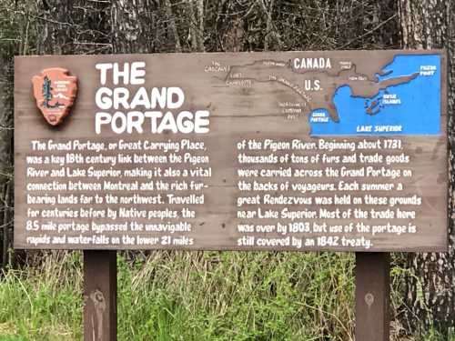 Sign about the Grand Portage, detailing its historical significance and location between Canada and the U.S. near Lake Superior.