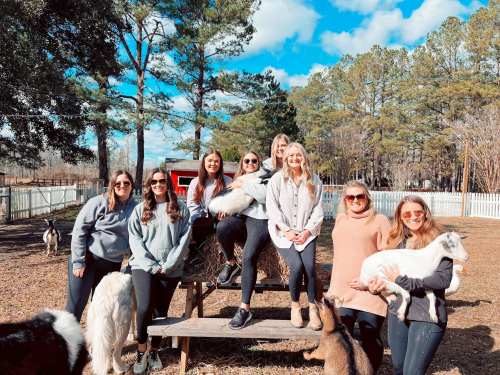 A group of eight women poses on a hay bale at a farm, surrounded by animals and trees under a blue sky.
