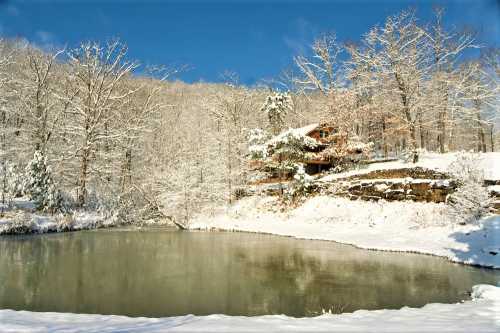 A serene winter scene featuring a snow-covered landscape, a pond, and a cozy cabin surrounded by trees.