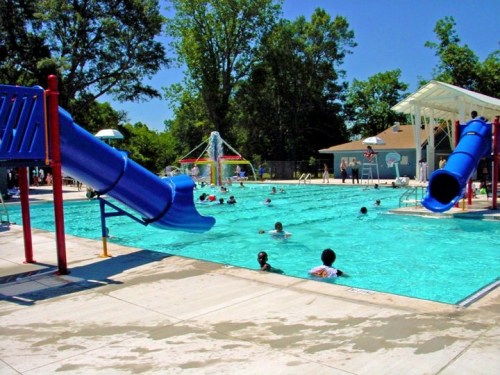 A sunny pool scene with children swimming, water slides, and trees in the background.
