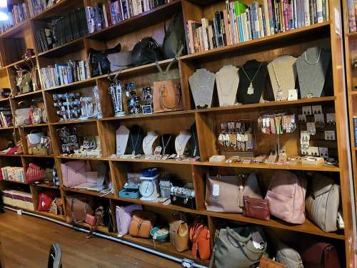 A wooden shelf displaying various accessories, including jewelry, handbags, and books in a cozy shop setting.