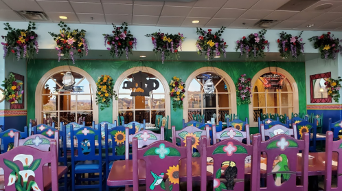 Colorful restaurant interior with vibrant chairs, floral decorations, and large windows adorned with hanging plants.