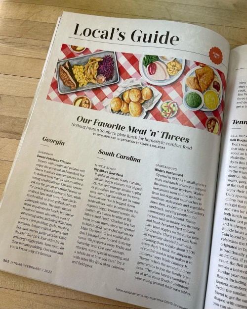 A magazine page featuring a "Local's Guide" to Southern meat 'n' threes, highlighting dishes from Georgia and South Carolina.