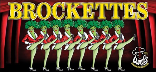 A colorful illustration of green, dancing characters in red outfits, spelling "BROCKETTES" in bright lights.