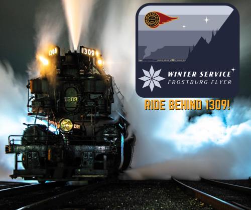 A steam locomotive, number 1309, billows steam against a dark background, promoting the Frostburg Flyer winter service.