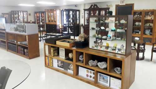 A spacious display room filled with glass cases showcasing various rocks and minerals, with wooden furniture and exhibits.