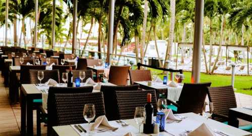 Outdoor restaurant with neatly set tables, surrounded by palm trees and a view of a pool area.