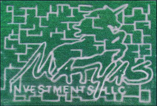 A green maze design featuring a unicorn silhouette and the text "Maya's Investment LLC."