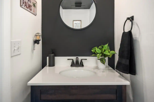 Modern bathroom with a black accent wall, round mirror, sink, and potted plant on a countertop.