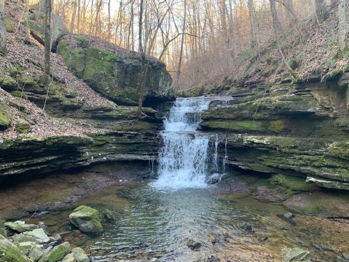 A serene waterfall cascades over rocky ledges into a clear pool, surrounded by trees and autumn foliage.
