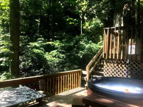 A wooden deck with a hot tub surrounded by lush green trees and foliage in a serene forest setting.