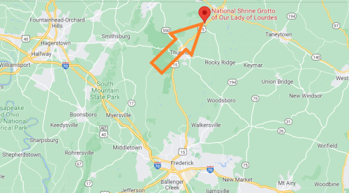 Map highlighting the location of the National Shrine Grotto of Our Lady of Lourdes near Frederick, Maryland.