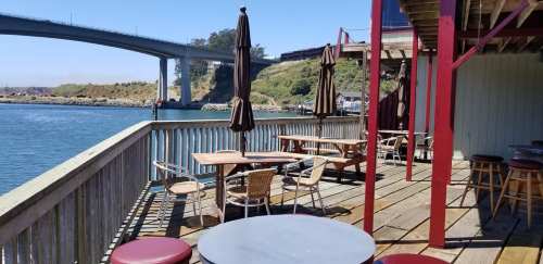Outdoor seating area by the water, featuring tables and umbrellas, with a bridge in the background.