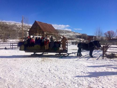 A horse-drawn sleigh carries a group of people through a snowy landscape near a rustic barn.