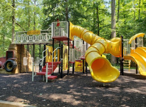Colorful playground with a yellow slide, climbing structure, and surrounding trees in a sunny outdoor setting.