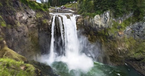 A stunning waterfall cascades into a turquoise pool, surrounded by lush greenery and rocky cliffs.